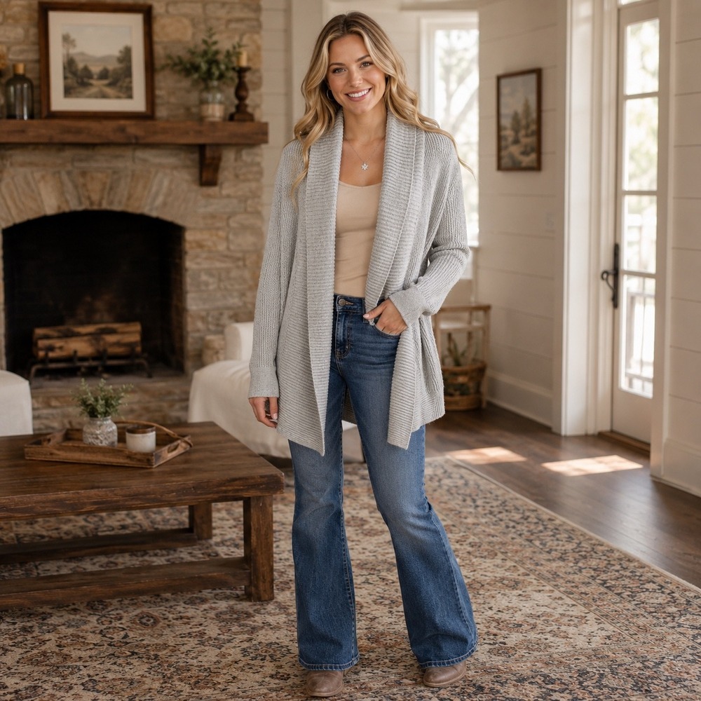 LOFT Women's Light Gray Textured Knit Open Front Cardigan Sweater Size S
